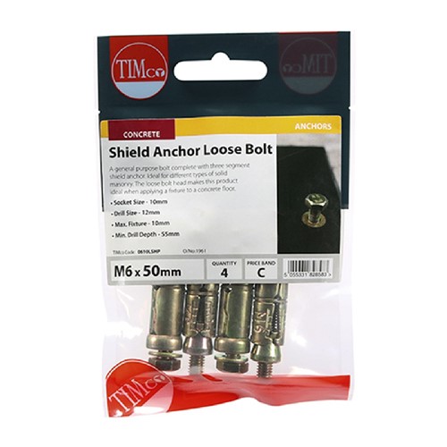 M6 x 50mm Loose Bolt - Shield Anchor (M6:10L) TIMpac