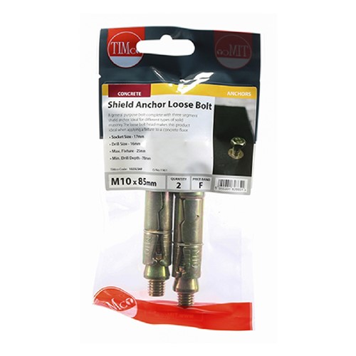 M10 x 85mm Loose Bolt - Shield Anchor (M10:25L) TIMpac